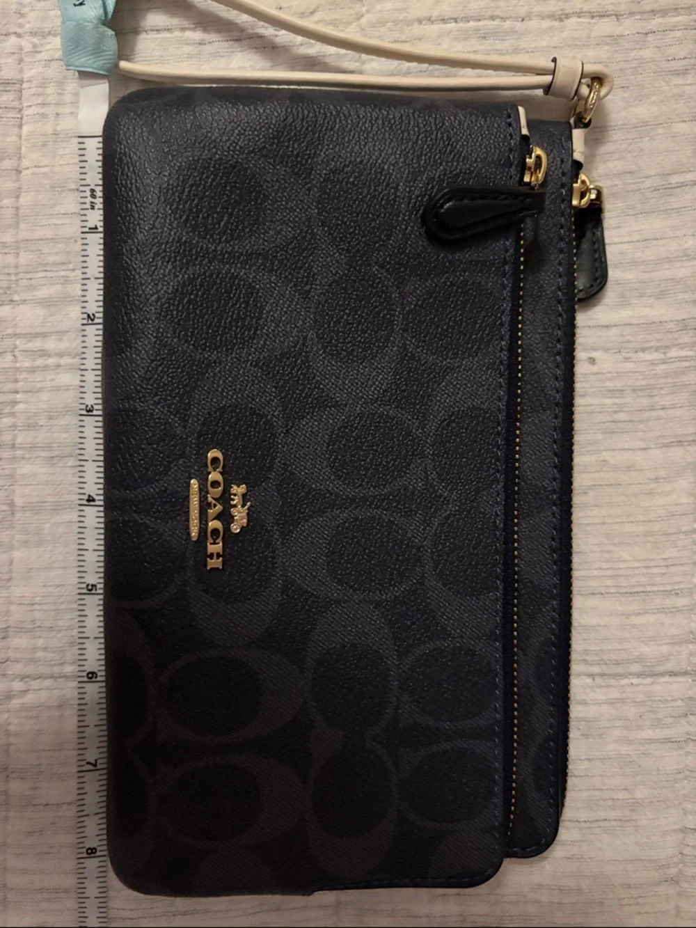 COACH Double Zip Wristlet in Navy Signature Canvas with White Strap - Picture 3 of 12